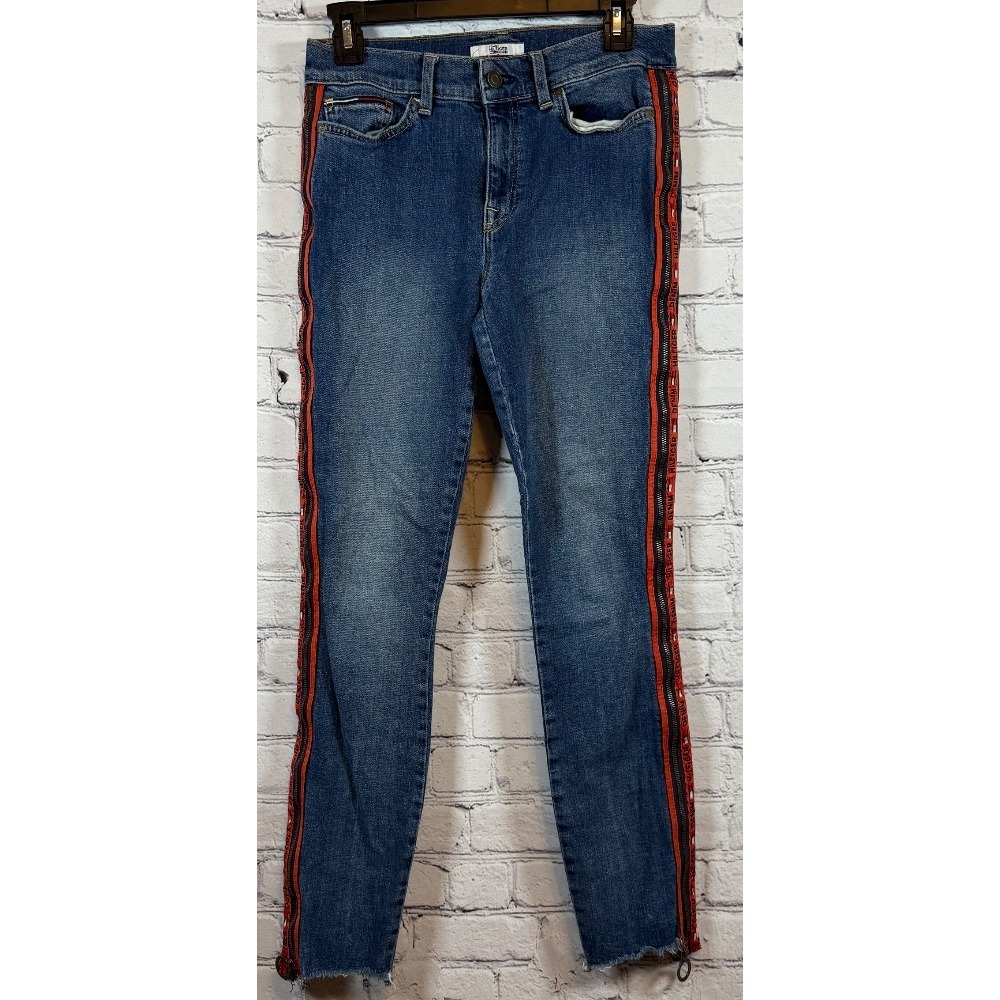 Tommy Hilfiger Skinny‎ Jeans Red Stripe Zip Hem Dark Wash Denim Size 4